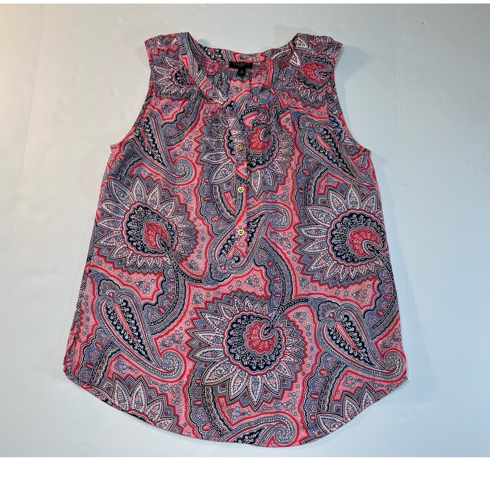 Talbots Paisley Sleeveless Blouse Womens S Petite Pink Navy Smocked Boho Summer